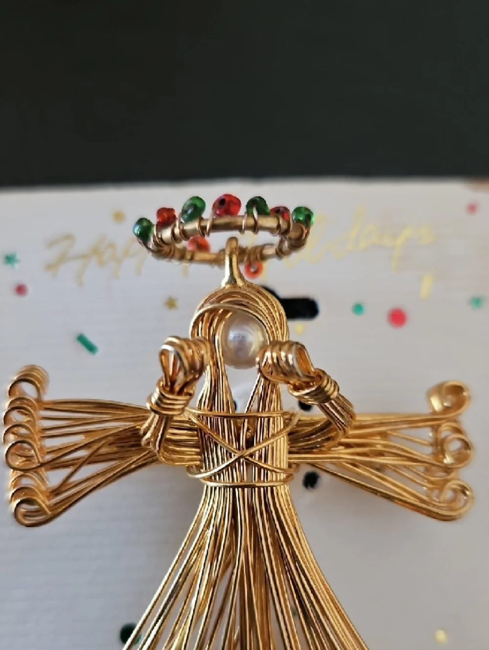 Gold Wire Angel Pendant with Red & Green Beads